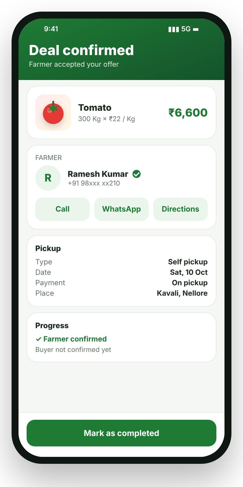 FarmX deal confirmed screen with total amount, call, WhatsApp and pickup details
