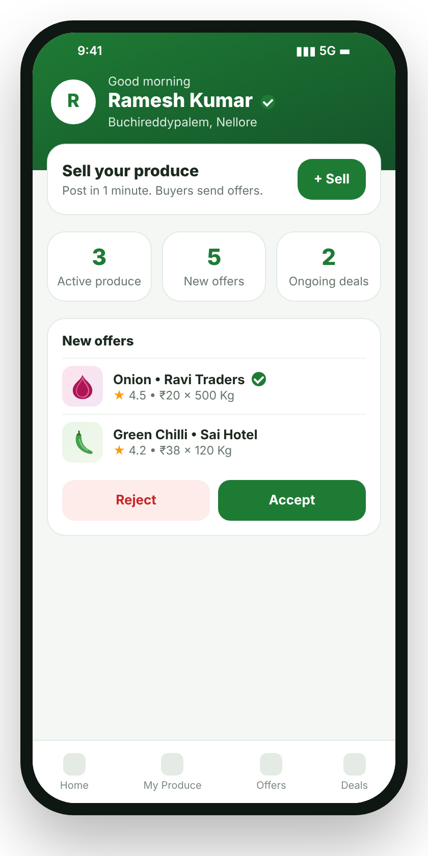 FarmX farmer home screen with active produce, new offers and ongoing deals