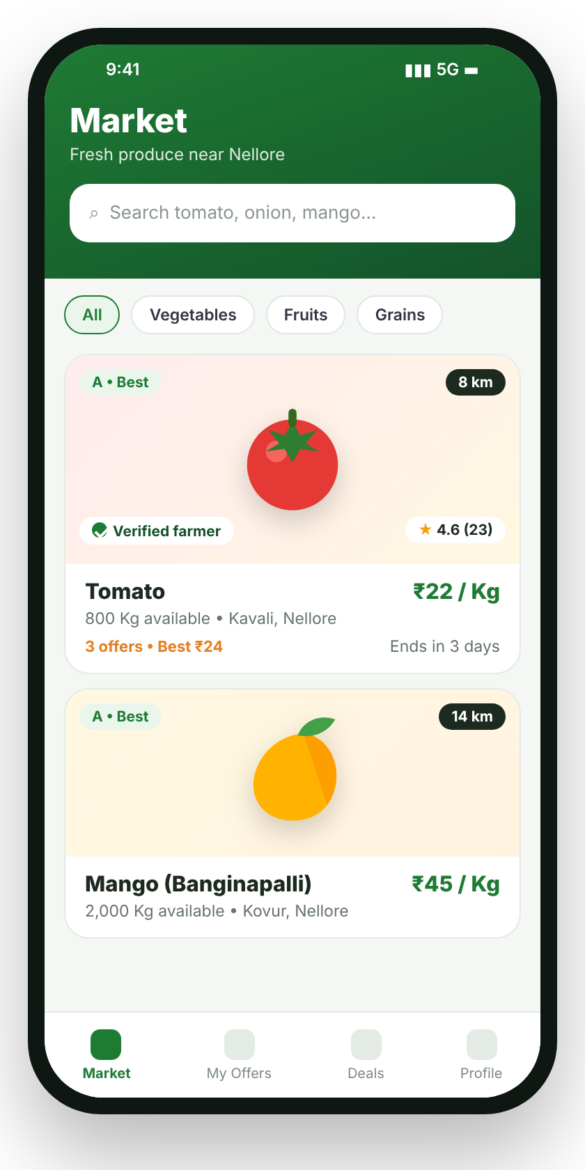 FarmX buyer market screen with verified farmer tomato listing, price per kg and distance