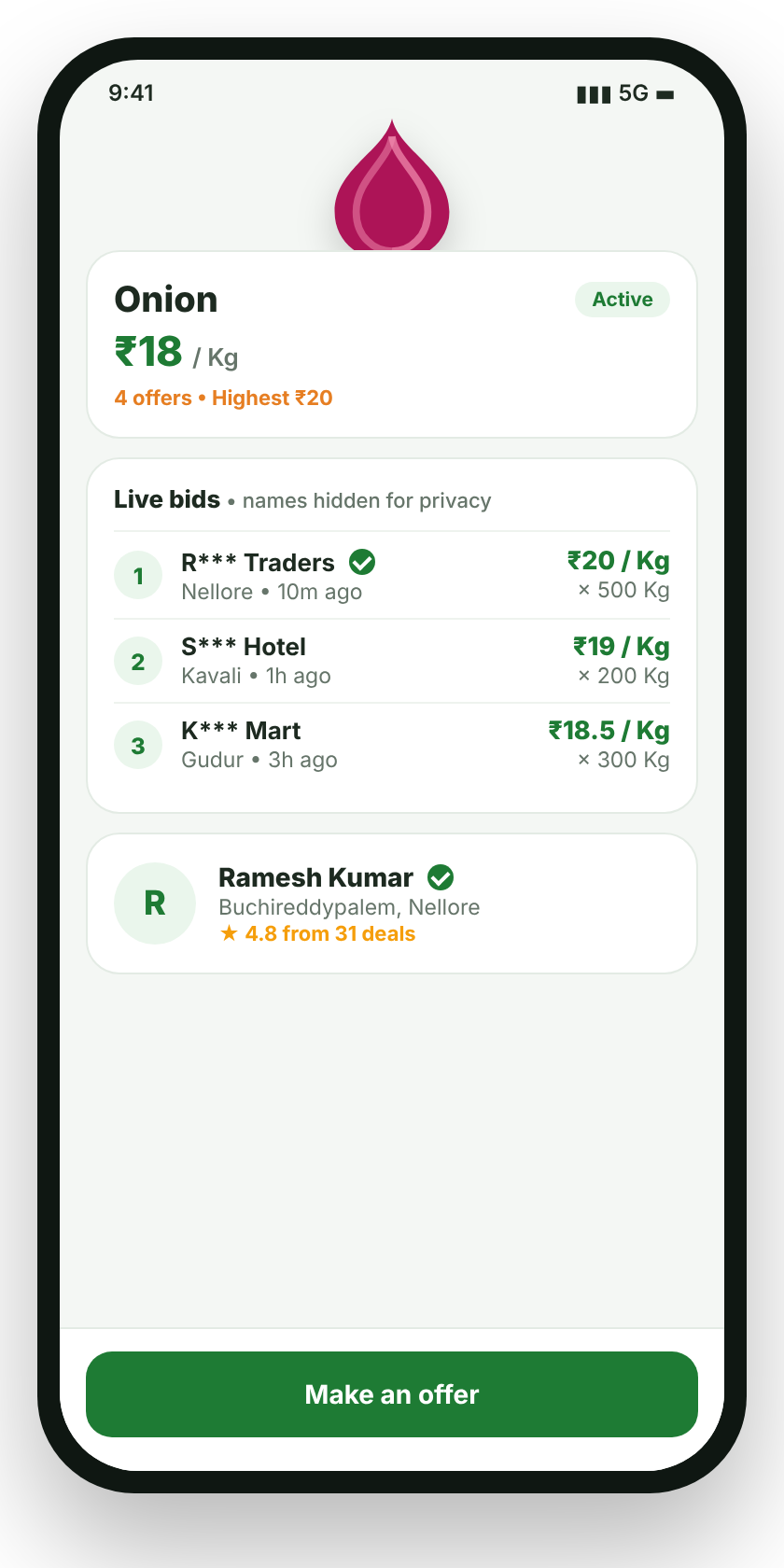 FarmX produce details screen with live bids, hidden buyer names and farmer rating
